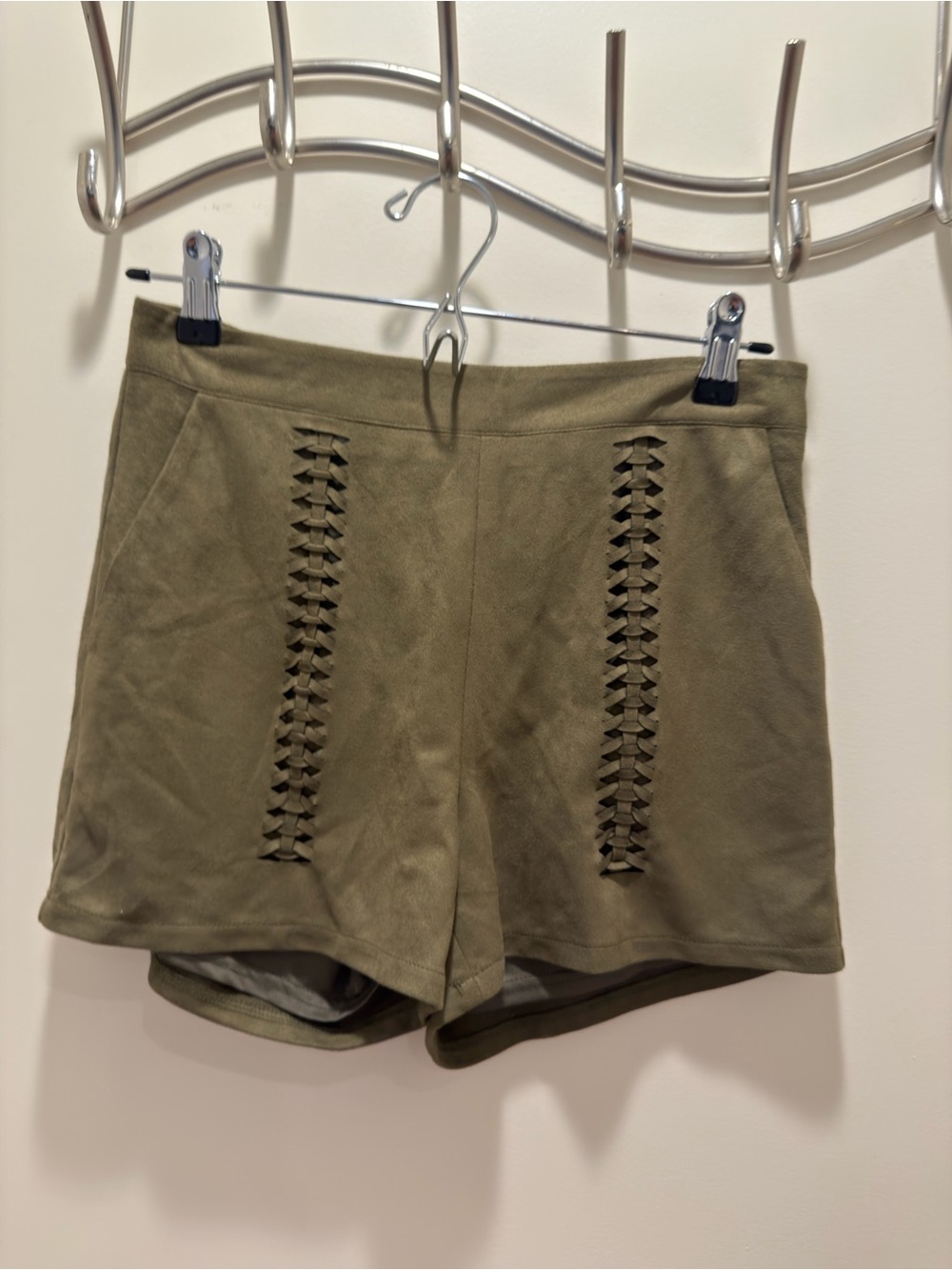Love Riche Olive Green High-Waist Shorts with Braided Front new